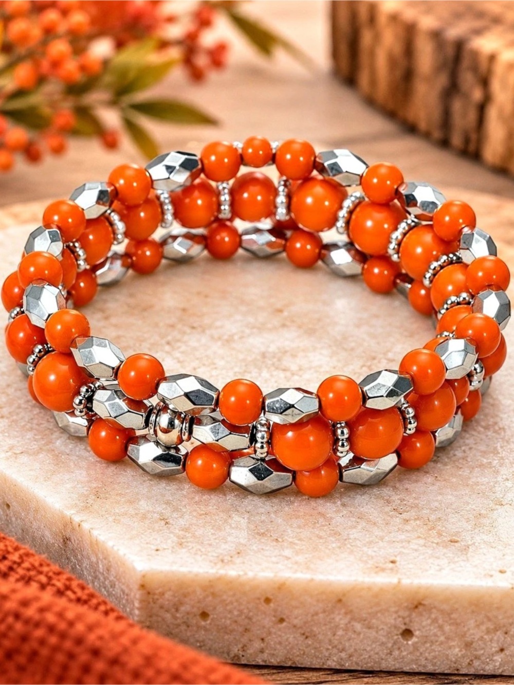 Paparazzi Orange & Silver Beaded Bracelet Stack